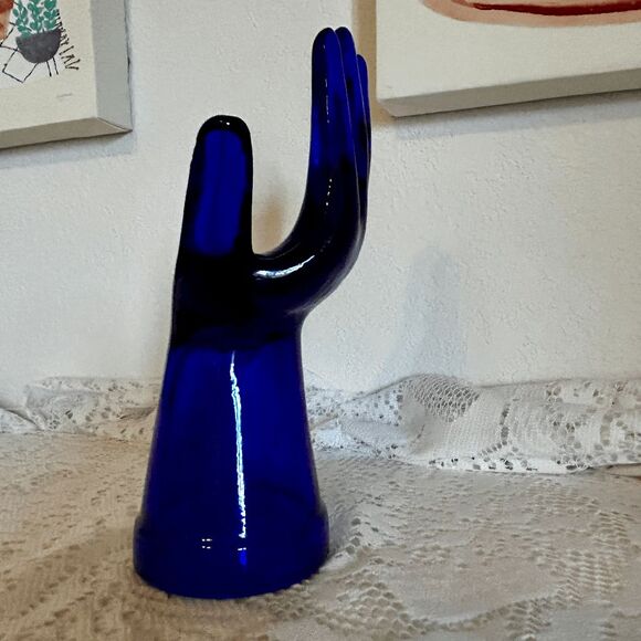 Vintage Cobalt Blue Glass Hand Ring Display - 8" Jewelry Holder - Picture 3 of 4